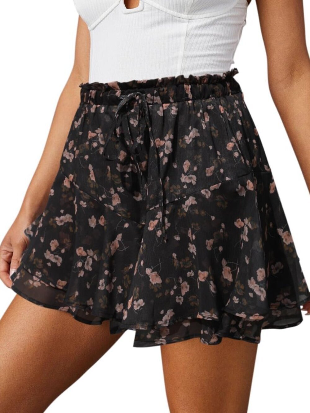 Flowy Shorts for Women Casual Boho Floral Skorts Ruffle Mini Skirts Running Tenn